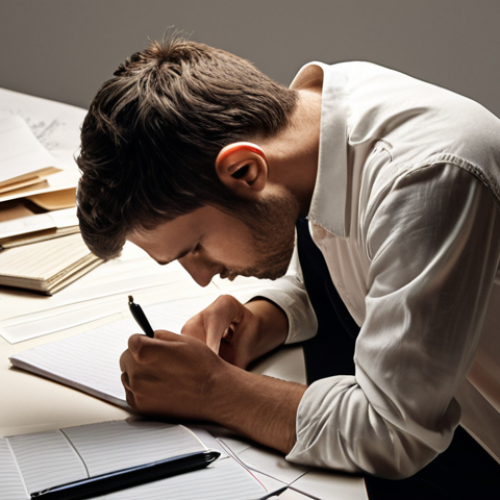 Home 15 ** A person thoughtfully reflecting, perhaps with a notebook and pen, surrounded by scattered papers representing thoughts and ideas. Focus on the expression of introspection.
**