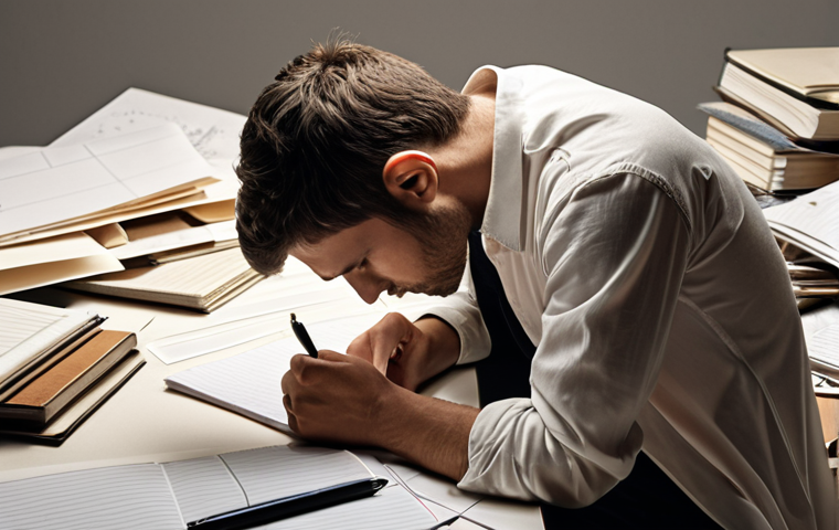 ** A person thoughtfully reflecting, perhaps with a notebook and pen, surrounded by scattered papers representing thoughts and ideas. Focus on the expression of introspection.
**