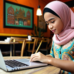 **A Malay woman studying with a laptop in a cozy cafe.** Focus on a bright, encouraging atmosphere with local Malaysian decor. She's taking notes with a stylish notebook and a cup of teh tarik is nearby.