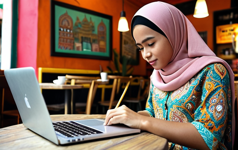 **A Malay woman studying with a laptop in a cozy cafe.** Focus on a bright, encouraging atmosphere with local Malaysian decor. She's taking notes with a stylish notebook and a cup of teh tarik is nearby.